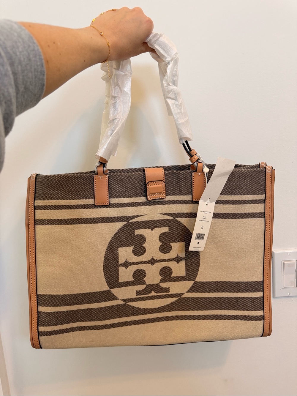 Tory Burch Beige and Brown Canvas Logo Tote with Leather Trim